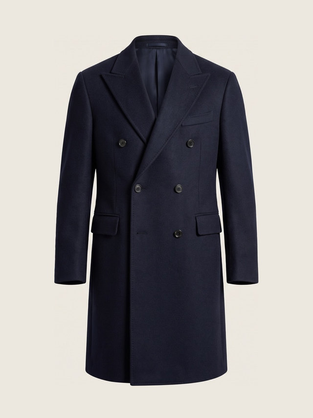 Navy double breasted overcoat, studio packshot