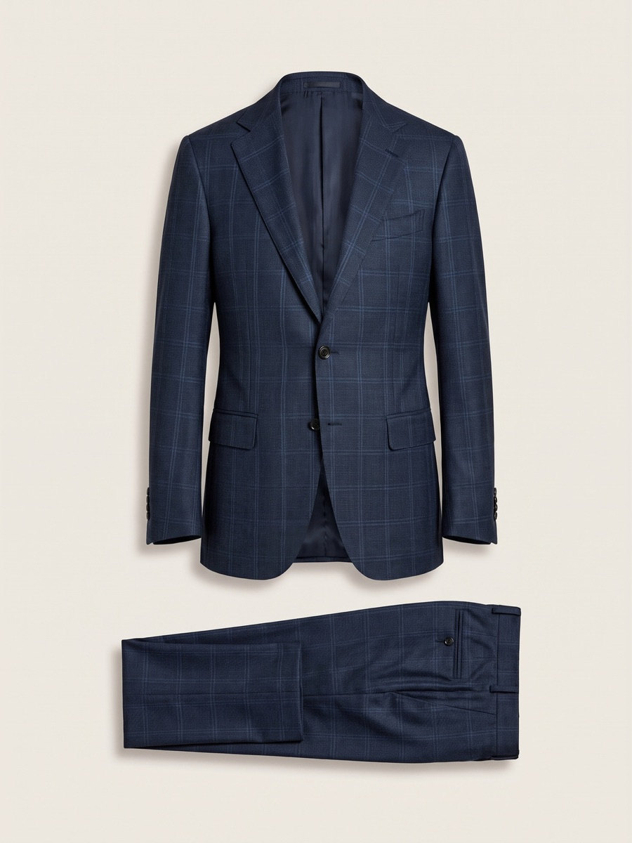 Navy check suit, studio packshot