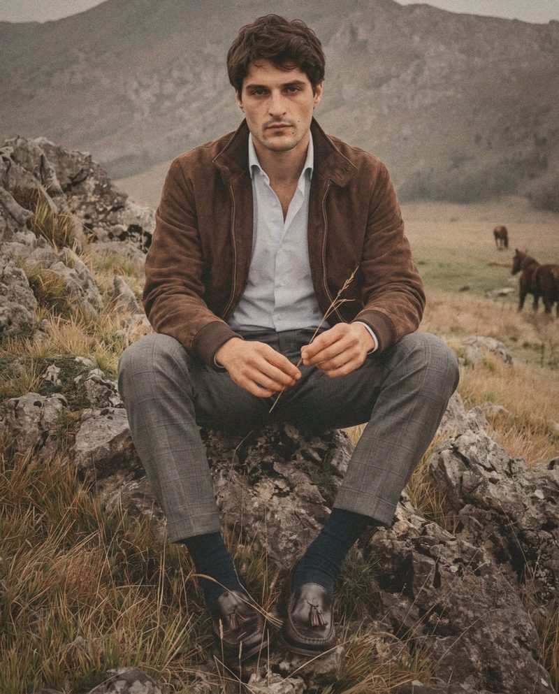 A man in a brown field jacket sits on grey rocks, horses grazing behind.